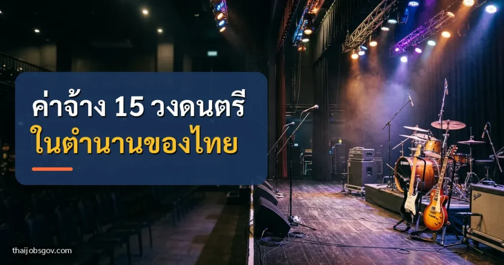 เวทีคอนเสิร์ตพร้อมเครื่องดนตรีและไฟเวที พร้อมข้อความ “ค่าจ้าง 15 วงดนตรี ในตำนานของไทย”