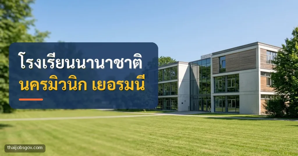 อาคารโรงเรียนนานาชาติในเยอรมนี พร้อมข้อความ “โรงเรียนนานาชาติ นครมิวนิก เยอรมนี”