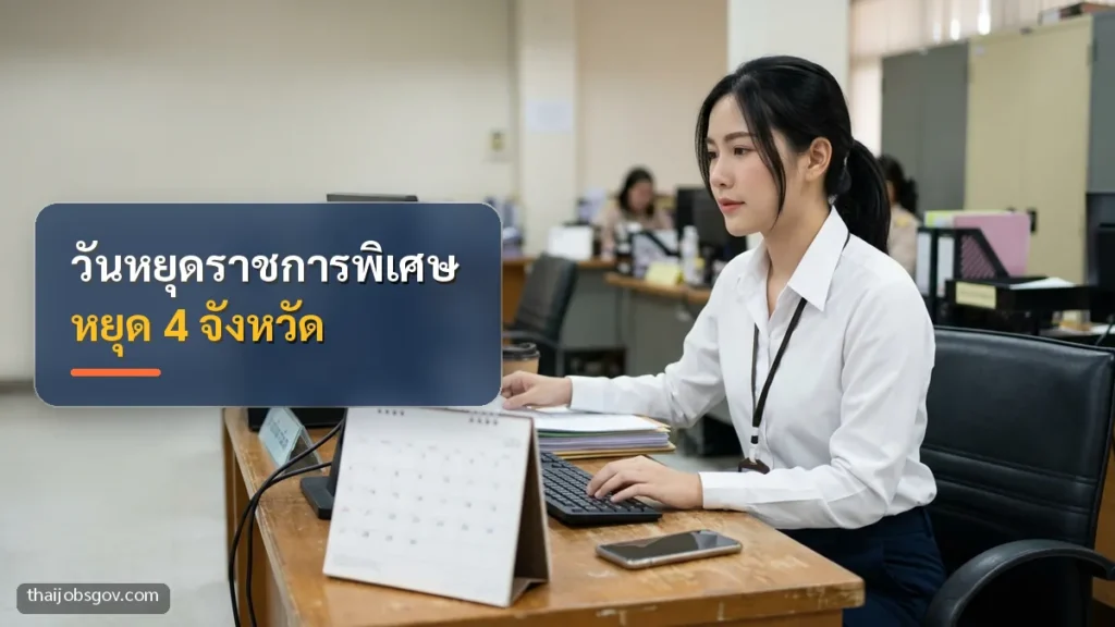 ข้าราชการหญิงชาวไทยวัยยี่สิบต้น ๆ กำลังทำงานที่โต๊ะในสำนักงาน พร้อมข้อความ “วันหยุดราชการพิเศษ หยุด 4 จังหวัด”