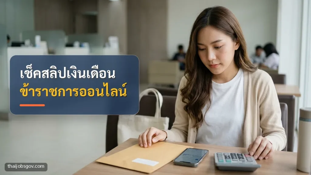 ผู้หญิงชาวไทยวัยยี่สิบต้น ๆ กำลังเช็กเงินเดือนบนมือถือที่ธนาคาร พร้อมข้อความ “เช็คสลิปเงินเดือน ข้าราชการออนไลน์”