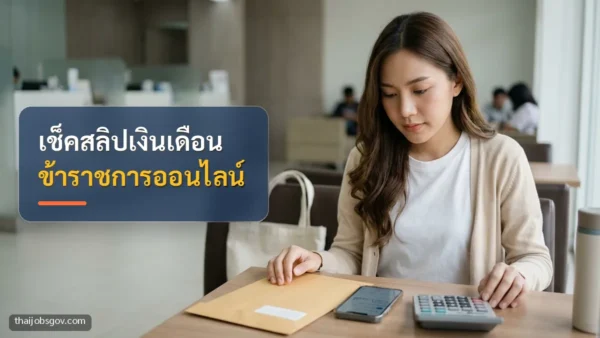 ผู้หญิงชาวไทยวัยยี่สิบต้น ๆ กำลังเช็กเงินเดือนบนมือถือที่ธนาคาร พร้อมข้อความ “เช็คสลิปเงินเดือน ข้าราชการออนไลน์”
