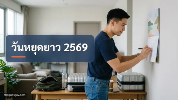 ผู้ชายชาวไทยวัยยี่สิบต้น ๆ พร้อมข้อความ “วันหยุดยาว 2569”