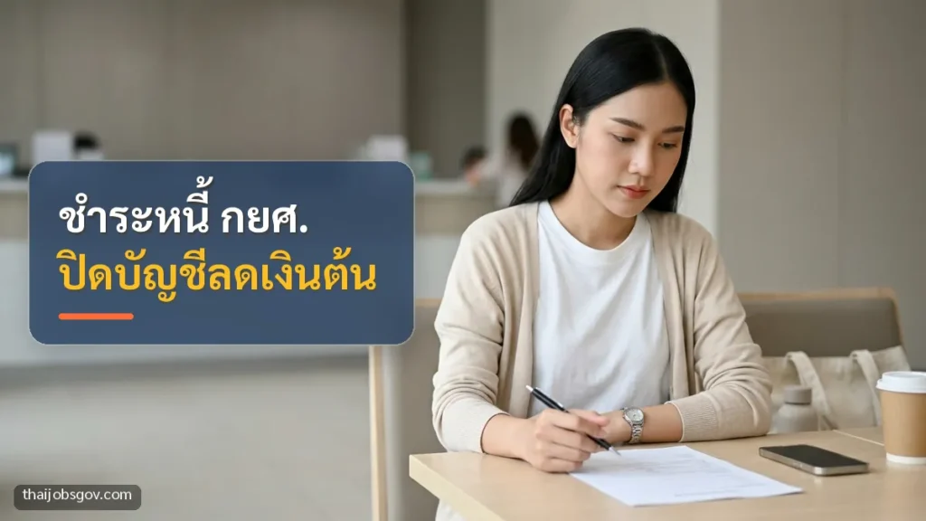 ผู้หญิงชาวไทยวัยยี่สิบต้น ๆ กำลังอ่านเอกสารขอสินเชื่อที่ธนาคาร พร้อมข้อความ “ชำระหนี้ กยศ. ปิดบัญชีลดเงินต้น”