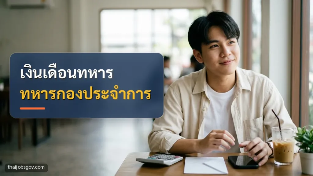 ผู้ชายชาวไทยวัยยี่สิบต้น ๆ กำลังเช็กเงินเดือนบนมือถือในร้านกาแฟ พร้อมข้อความ “เงินเดือนทหาร ทหารกองประจำการ”