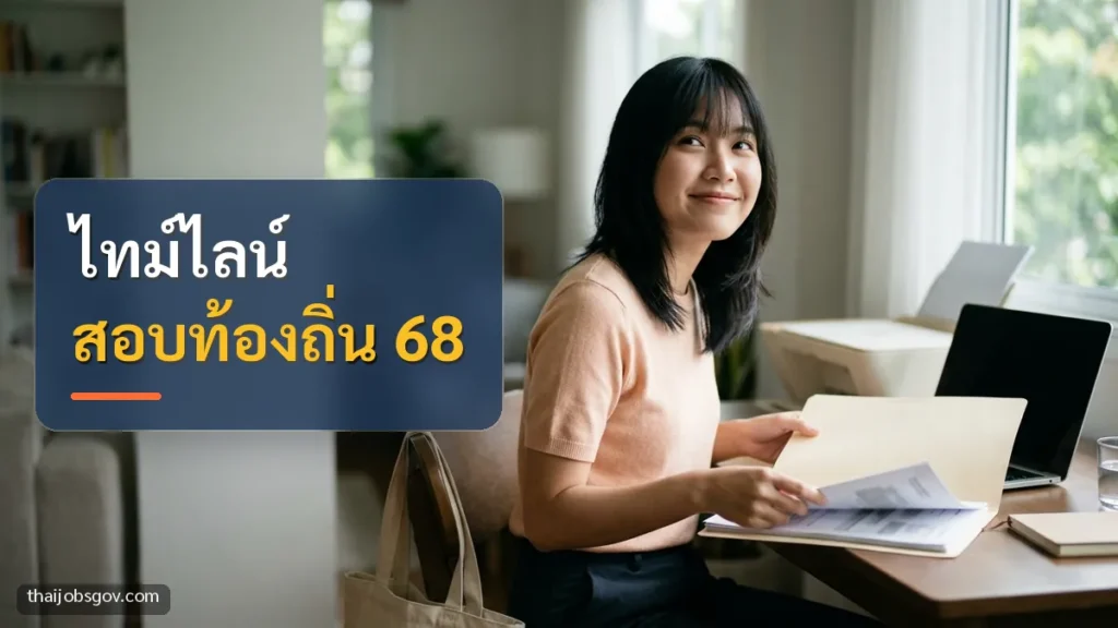 ผู้สมัครงานหญิงชาวไทยวัยยี่สิบต้น ๆ กำลังตรวจเอกสารสมัครงานข้างแล็ปท็อปที่บ้าน พร้อมข้อความ “ไทม์ไลน์ สอบท้องถิ่น 68”
