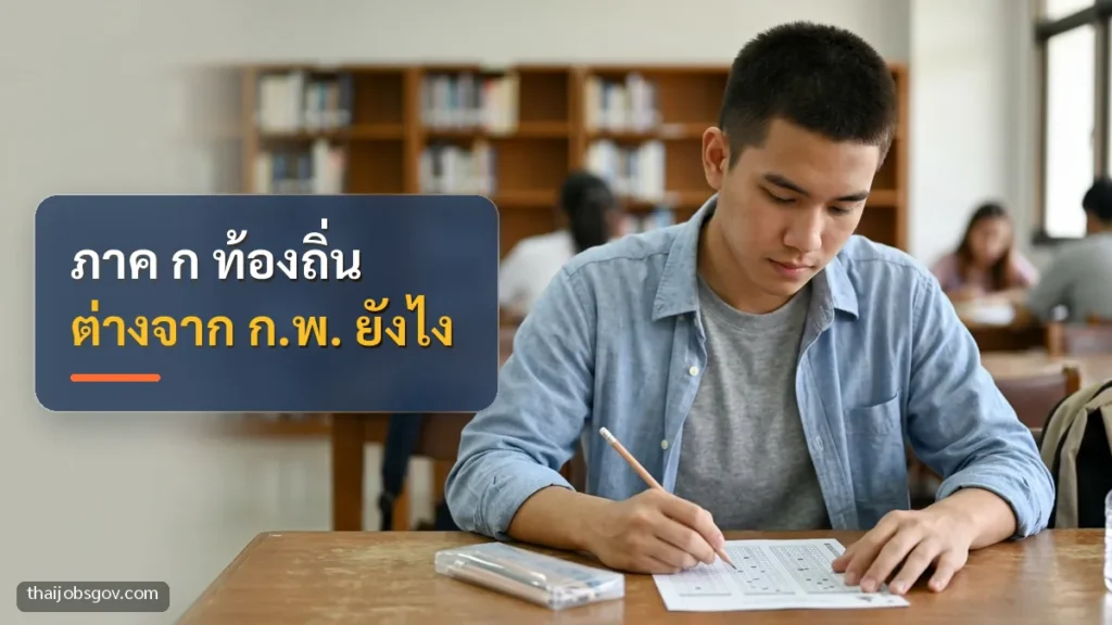 ผู้เตรียมสอบชายชาวไทยวัยยี่สิบต้น ๆ กำลังฝึกทำข้อสอบในห้องสมุด พร้อมข้อความ “ภาค ก ท้องถิ่น ต่างจาก ก.พ. ยังไง”