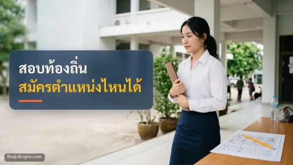 ผู้สมัครงานหญิงชาวไทยวัยยี่สิบต้น ๆ ถือแฟ้มเอกสารไปยื่นใบสมัครหน้าหน่วยงานราชการ พร้อมข้อความ “สอบท้องถิ่น สมัครตำแหน่งไหนได้”