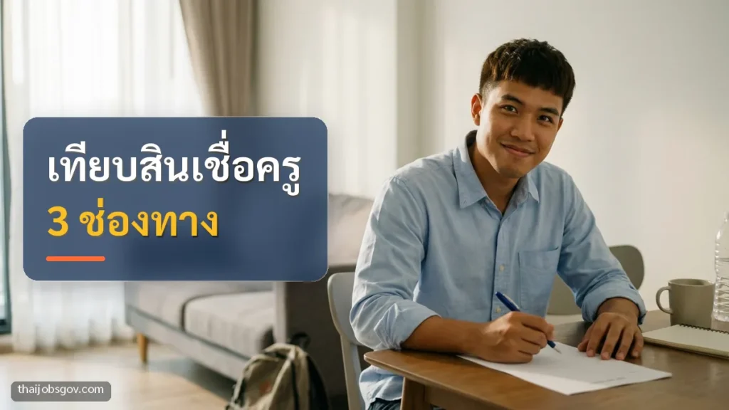 ผู้ชายชาวไทยวัยยี่สิบต้น ๆ กำลังอ่านเอกสารขอสินเชื่อที่บ้าน พร้อมข้อความ “เทียบสินเชื่อครู 3 ช่องทาง”