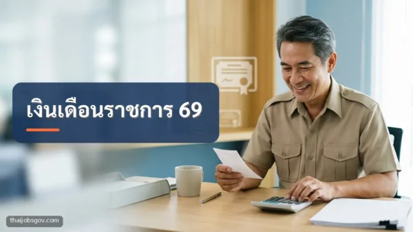 ข้าราชการชายชาวไทยวัยห้าสิบ กำลังตรวจเอกสารการเงินและกดเครื่องคิดเลข พร้อมข้อความ “เงินเดือนราชการ 69”