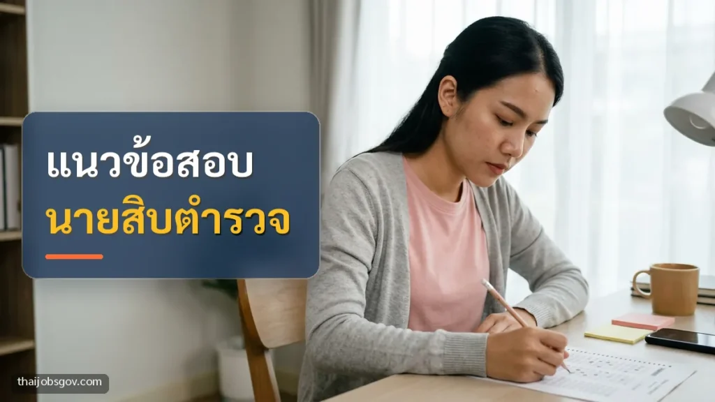 ผู้เตรียมสอบหญิงชาวไทยวัยยี่สิบต้น ๆ กำลังฝึกทำข้อสอบที่โต๊ะอ่านหนังสือที่บ้าน พร้อมข้อความ “แนวข้อสอบ นายสิบตำรวจ”