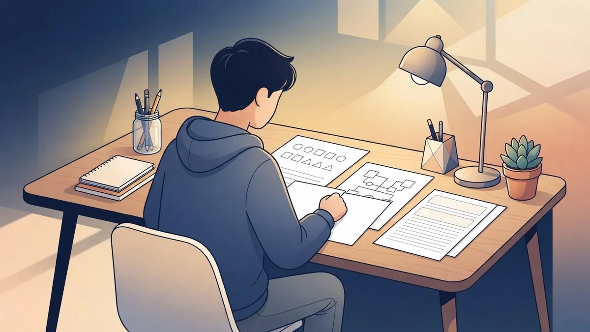 ภาพวาดผู้เตรียมสอบกำลังฝึกโจทย์ตัวเลข การคิดวิเคราะห์ และภาษาอังกฤษ