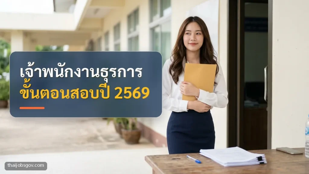 ผู้สมัครงานหญิงชาวไทยวัยยี่สิบต้น ๆ ถือแฟ้มเอกสารไปยื่นใบสมัครหน้าหน่วยงานราชการ พร้อมข้อความ “เจ้าพนักงานธุรการ ขั้นตอนสอบปี 2569”