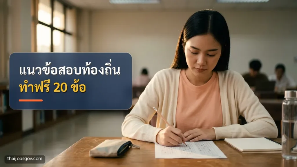 ผู้เตรียมสอบหญิงชาวไทยวัยยี่สิบต้น ๆ กำลังฝึกทำข้อสอบในห้องสมุด พร้อมข้อความ “แนวข้อสอบท้องถิ่น ทำฟรี 20 ข้อ”