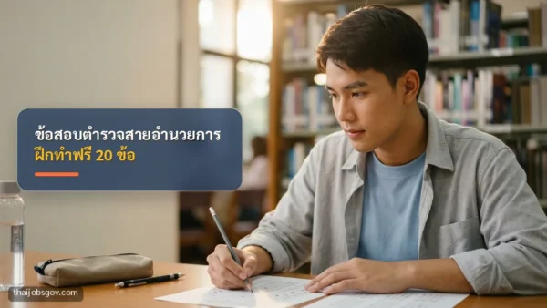 ผู้เตรียมสอบชายชาวไทยวัยยี่สิบต้น ๆ กำลังฝึกทำข้อสอบในห้องสมุด พร้อมข้อความ “ข้อสอบตำรวจสายอำนวยการ ฝึกทำฟรี 20 ข้อ”