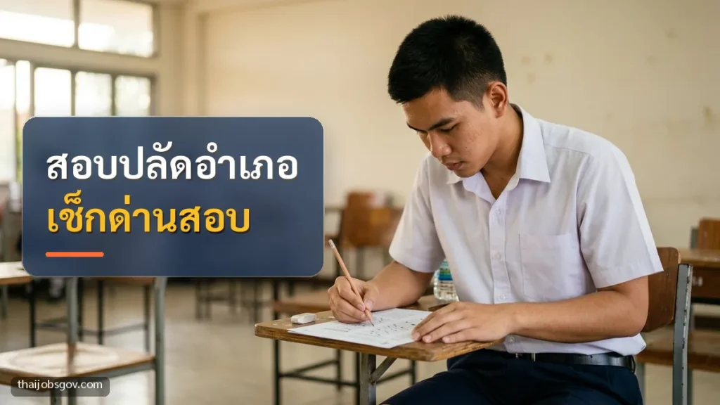 ผู้เตรียมสอบชายชาวไทยวัยยี่สิบต้น ๆ กำลังทำข้อสอบในห้องสอบ พร้อมข้อความ “สอบปลัดอำเภอ เช็กด่านสอบ”