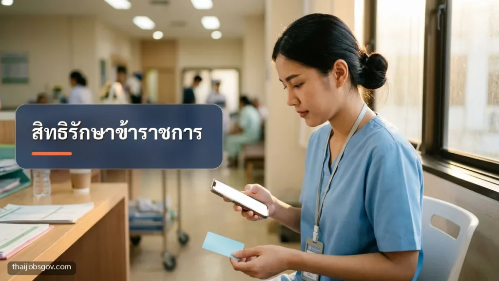 พยาบาลหญิงชาวไทยวัยยี่สิบต้น ๆ ดูข้อมูลสิทธิรักษาบนมือถือพร้อมถือบัตรที่เคาน์เตอร์พยาบาล พร้อมข้อความ “สิทธิรักษาข้าราชการ”