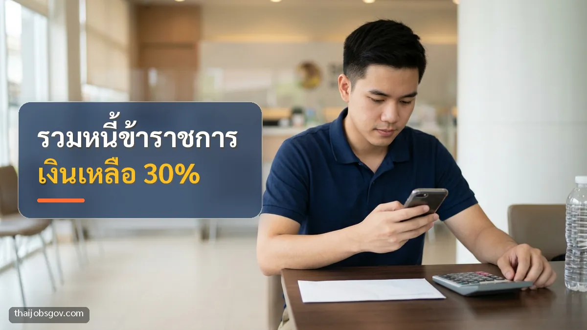 ผู้ชายชาวไทยวัยยี่สิบต้น ๆ กำลังเช็กเงินเดือนบนมือถือที่ธนาคาร พร้อมข้อความ “รวมหนี้ข้าราชการ เงินเหลือ 30%”