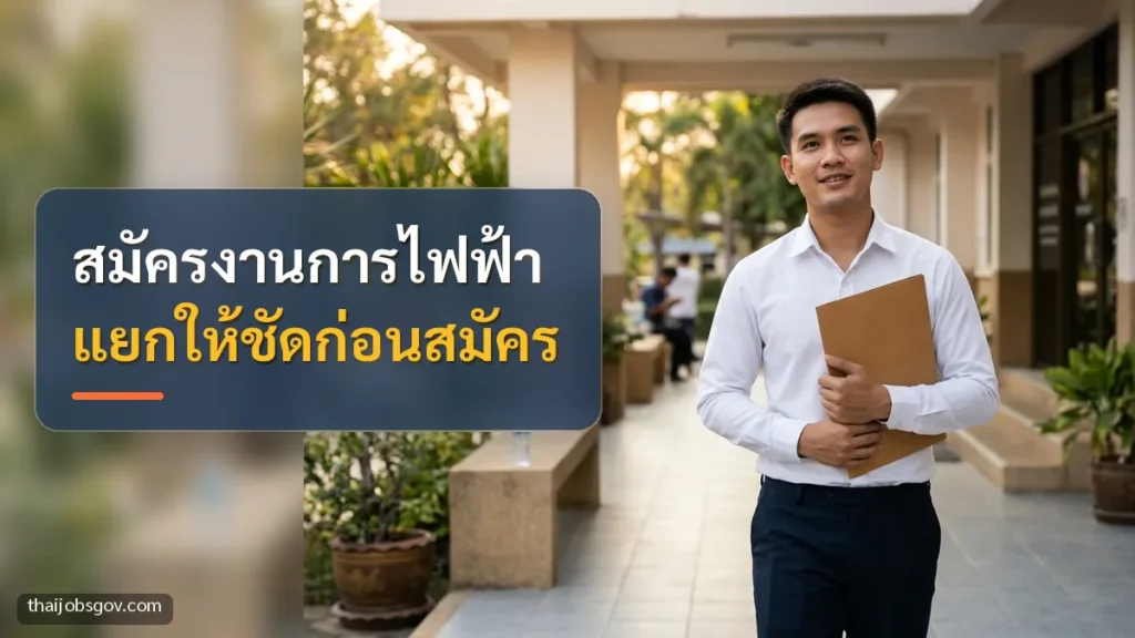 ผู้สมัครงานชายชาวไทยวัยยี่สิบต้น ๆ ถือแฟ้มเอกสารไปยื่นใบสมัครหน้าหน่วยงานราชการ พร้อมข้อความ “สมัครงานการไฟฟ้า แยกให้ชัดก่อนสมัคร”