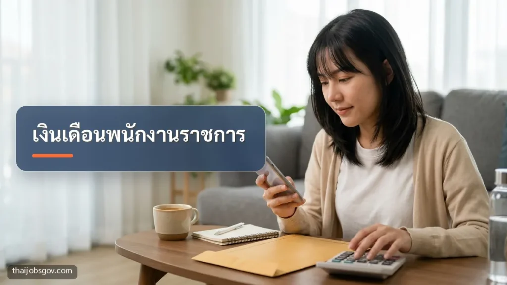 ผู้หญิงชาวไทยวัยยี่สิบต้น ๆ กำลังเช็กเงินเดือนบนมือถือที่บ้าน พร้อมข้อความ “เงินเดือนพนักงานราชการ”