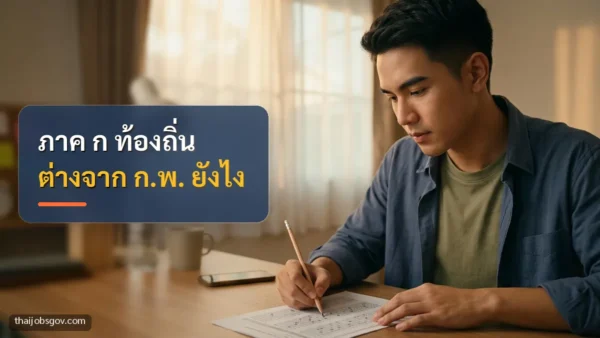 ผู้เตรียมสอบชายชาวไทยวัยยี่สิบต้น ๆ กำลังฝึกทำข้อสอบที่โต๊ะอ่านหนังสือที่บ้าน พร้อมข้อความ “ภาค ก ท้องถิ่น ต่างจาก ก.พ. ยังไง”