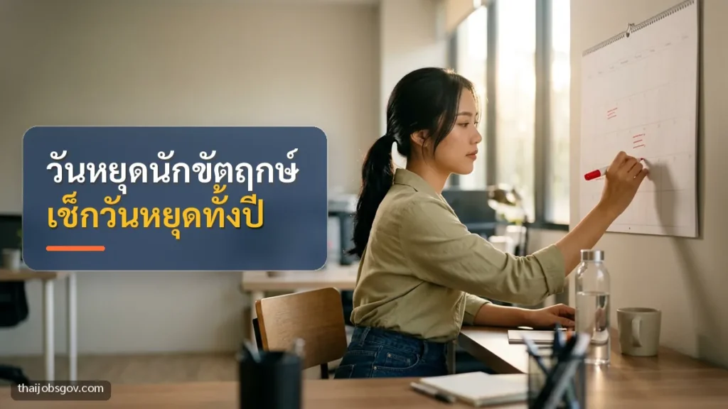 ผู้หญิงชาวไทยวัยยี่สิบต้น ๆ พร้อมข้อความ “วันหยุดนักขัตฤกษ์ เช็กวันหยุดทั้งปี”