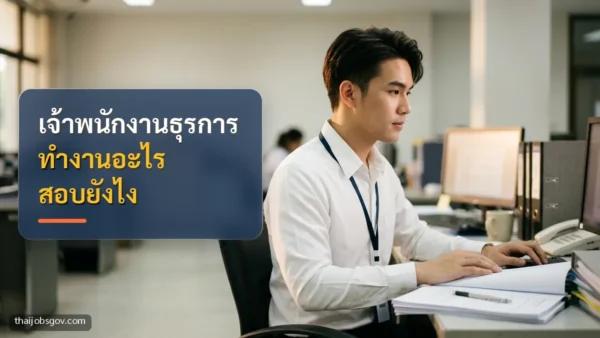 ข้าราชการชายชาวไทยวัยยี่สิบต้น ๆ กำลังทำงานที่โต๊ะในสำนักงาน พร้อมข้อความ “เจ้าพนักงานธุรการ ทำงานอะไร สอบยังไง”