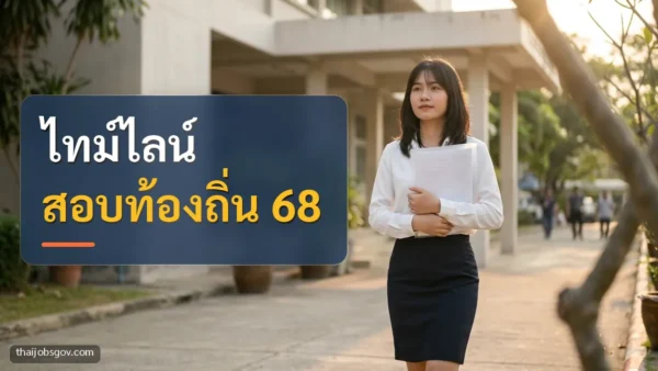ผู้สมัครงานหญิงชาวไทยวัยยี่สิบต้น ๆ ถือแฟ้มเอกสารไปยื่นใบสมัครหน้าหน่วยงานราชการ พร้อมข้อความ “ไทม์ไลน์ สอบท้องถิ่น 68”