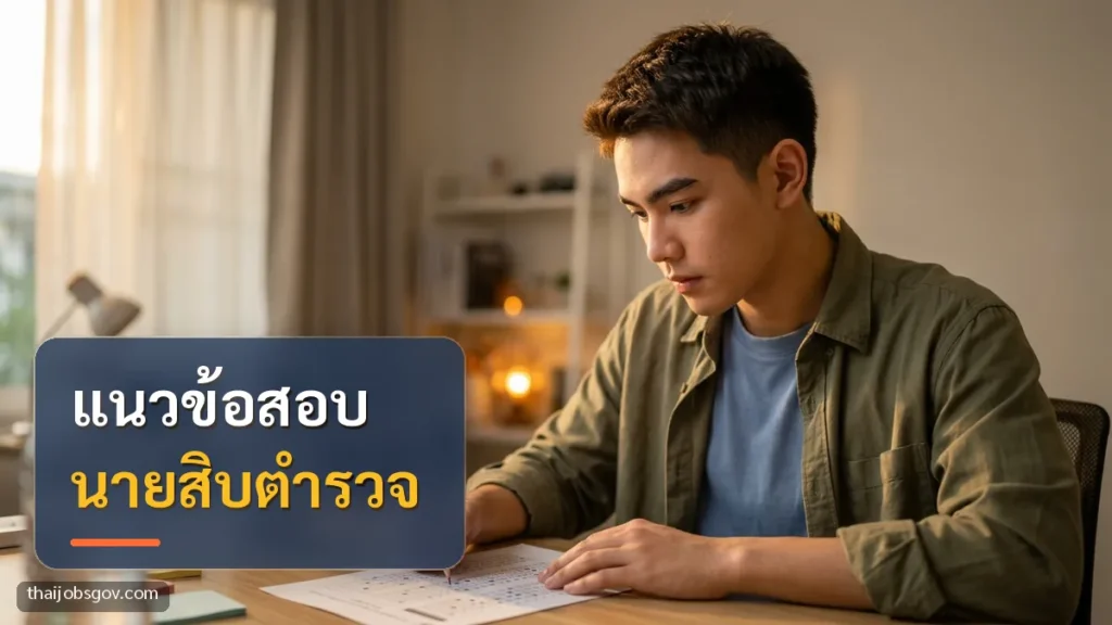 ผู้เตรียมสอบชายชาวไทยวัยยี่สิบต้น ๆ กำลังฝึกทำข้อสอบที่โต๊ะอ่านหนังสือที่บ้าน พร้อมข้อความ “แนวข้อสอบ นายสิบตำรวจ”