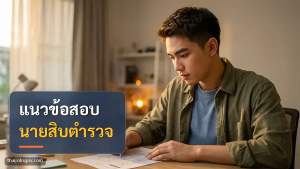 ผู้เตรียมสอบชายชาวไทยวัยยี่สิบต้น ๆ กำลังฝึกทำข้อสอบที่โต๊ะอ่านหนังสือที่บ้าน พร้อมข้อความ “แนวข้อสอบ นายสิบตำรวจ”