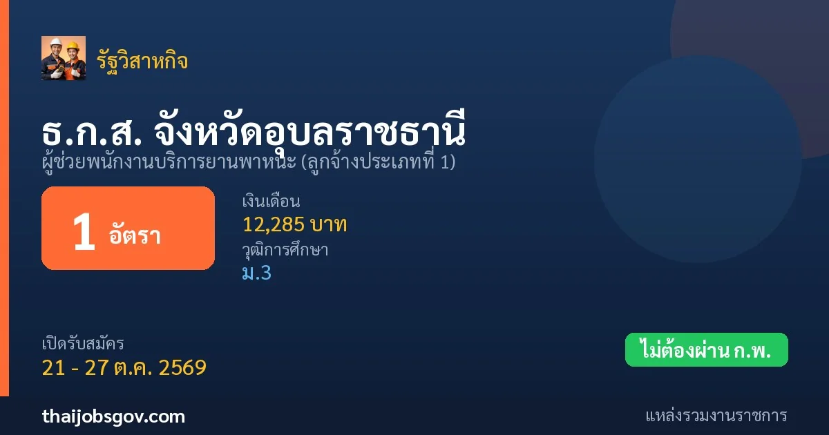 ธ.ก.ส. จังหวัดอุบลราชธานี - เปิดรับสมัคร 1 อัตรา