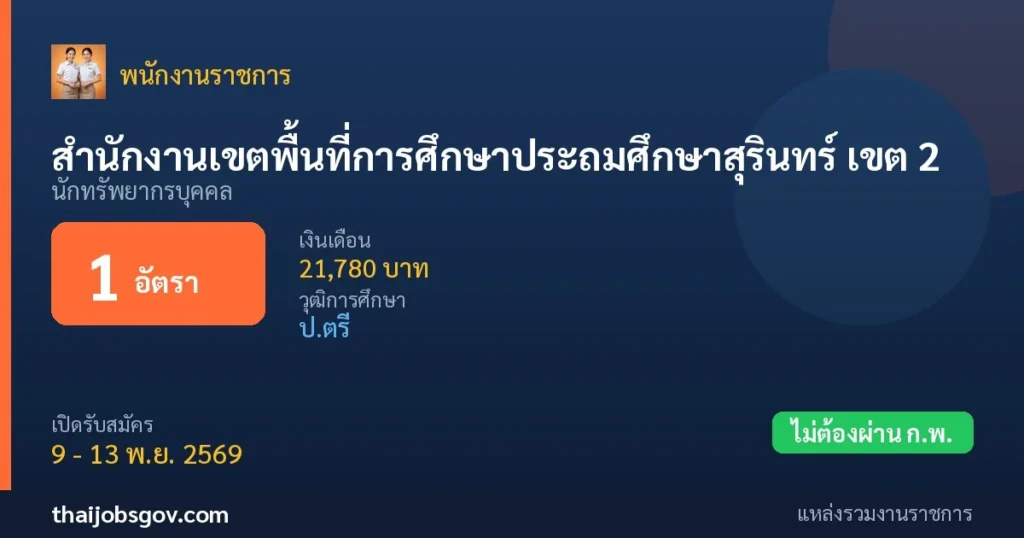 สำนักงานเขตพื้นที่การศึกษาประถมศึกษาสุรินทร์ เขต 2 - เปิดรับสมัคร 1 อัตรา