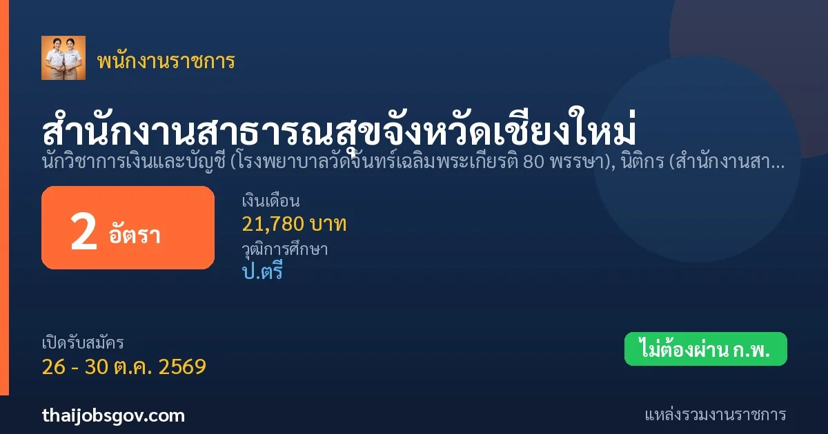 สำนักงานสาธารณสุขจังหวัดเชียงใหม่ - เปิดรับสมัคร 2 อัตรา