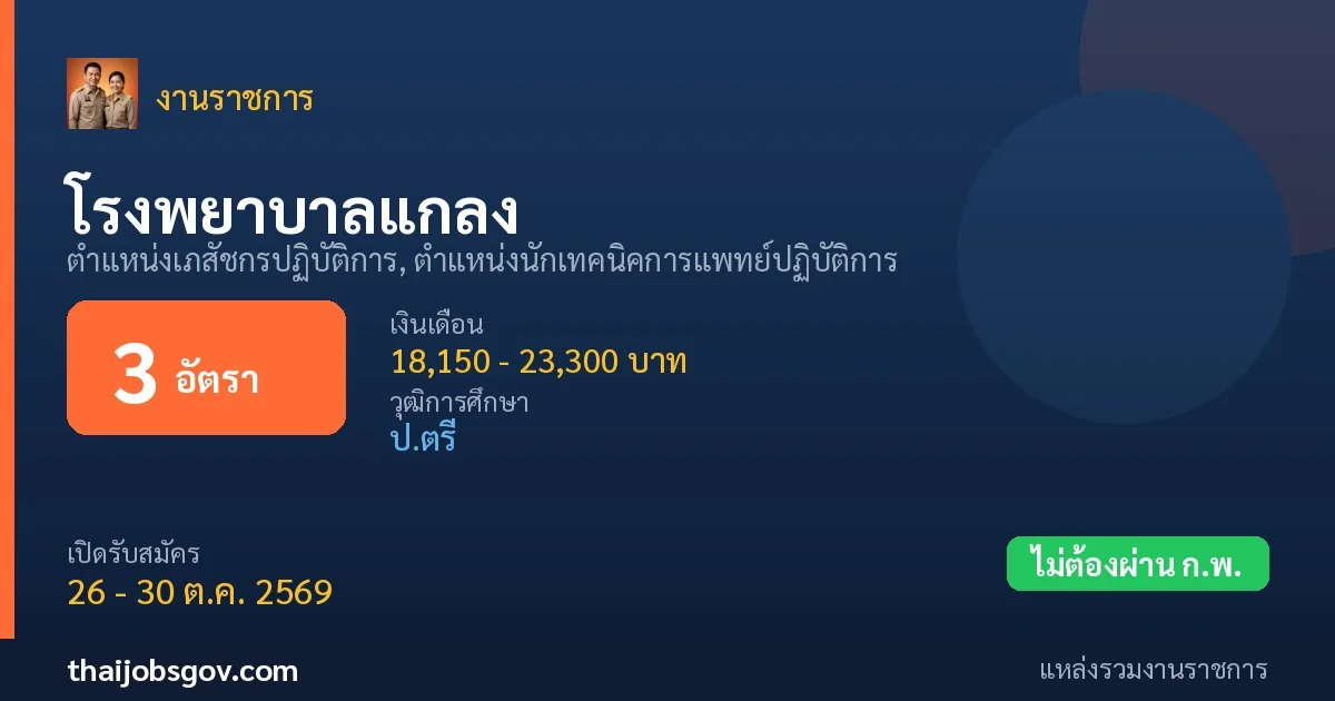 โรงพยาบาลแกลง - เปิดรับสมัคร 3 อัตรา