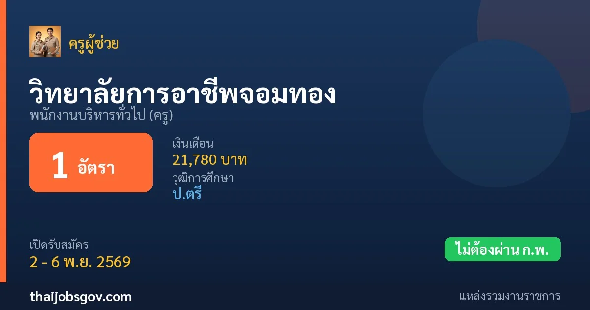 วิทยาลัยการอาชีพจอมทอง - เปิดรับสมัคร 1 อัตรา