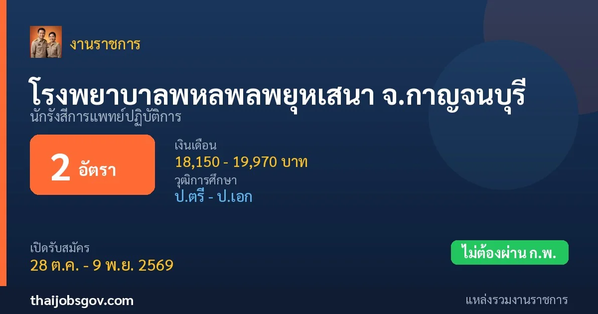 โรงพยาบาลพหลพลพยุหเสนา จ.กาญจนบุรี - เปิดรับสมัคร 2 อัตรา