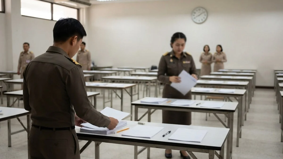 ห้องสอบตำแหน่งเจ้าพนักงานธุรการจัดโต๊ะเป็นระเบียบ