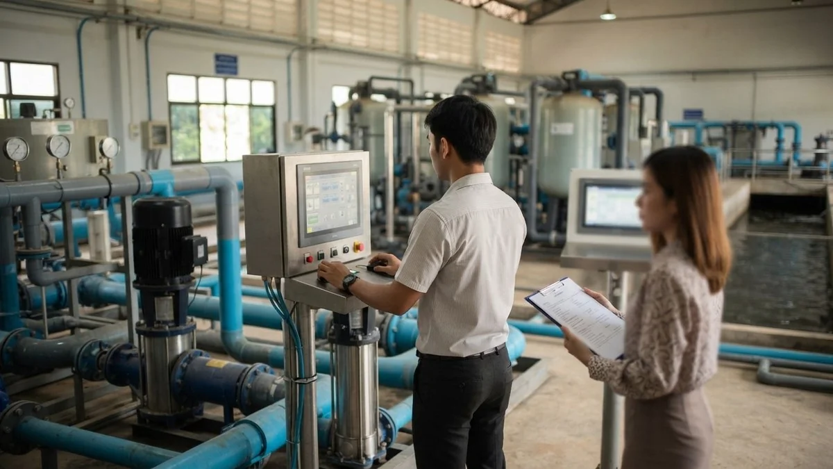 เจ้าหน้าที่ตรวจระบบสูบน้ำและอุปกรณ์ในสถานีผลิตน้ำ